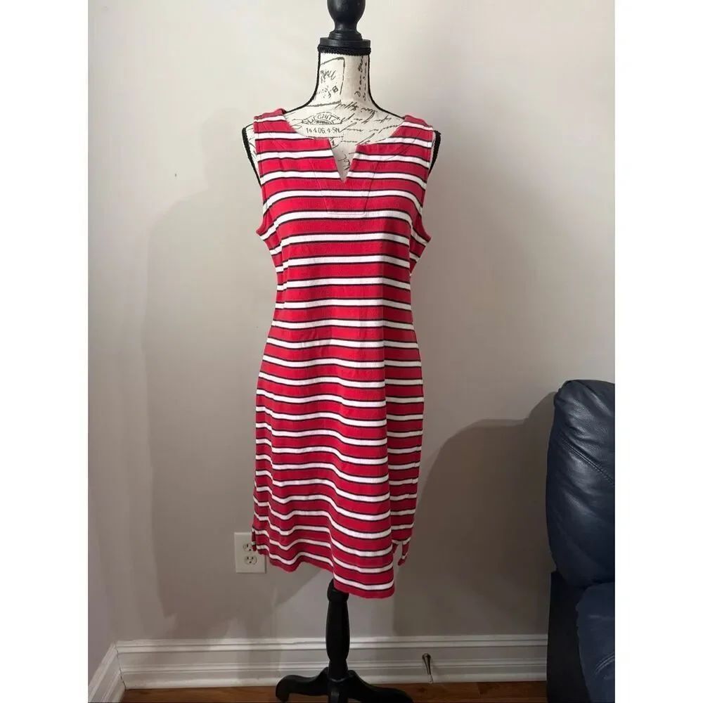Talbots Women's Striped Sleeveless Split Neck Sheath Dress Red White Size MP